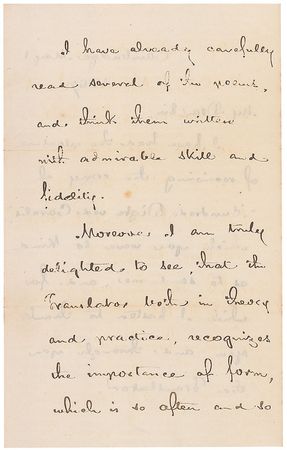Lot #828 Henry Wadsworth Longfellow: Longfellow invokes Aquinas and Spenser regarding ?the importance of form, which is so often and so fatally neglected? - Image 2