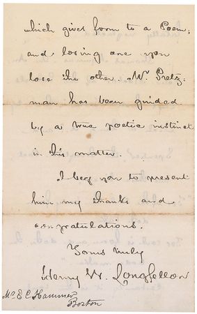 Lot #828 Henry Wadsworth Longfellow: Longfellow invokes Aquinas and Spenser regarding ?the importance of form, which is so often and so fatally neglected? - Image 1