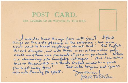 Lot #885 J. R. R. Tolkien: Beautifully distinctive and lengthy handwritten letter from a ?tired and disgruntled? Tolkien as he concludes his masterpiece, The Lord of the Rings - Image 1