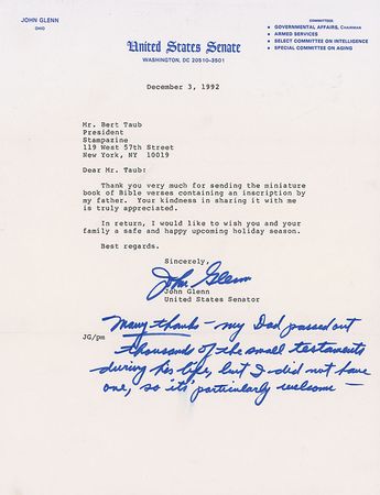 Lot #690 John Glenn: Glenn sends thanks for a “book of Bible verses containing an inscription by my father” - Image 2
