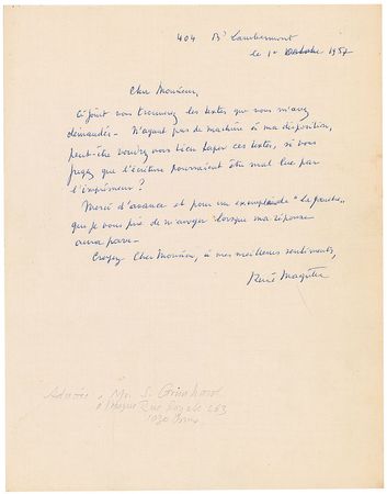 Lot #833 Rene Magritte Letter and Questionnaire - Image 2