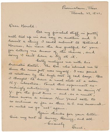 Lot #850 Eugene O?Neill: ?I was peeved by rebellion by the high cost of bad booze. Also I thought I?d have a novel stab at a sober N. Y. relaxation. Found this experiment exceedingly entertaining? - Image 3