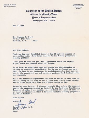 Lot #38 Gerald Ford: ?We Republicans have been urging the Administration to cut down on unnecessary expenditures, but it has not heeded our warnings? - Image 2