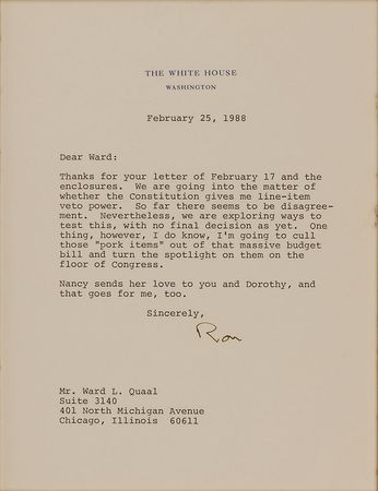 Lot #105 Ronald Reagan: ?I?m going to cull those ?pork items? out of the massive budget bill and turn the spotlight on them on the floor of Congress? - Image 2