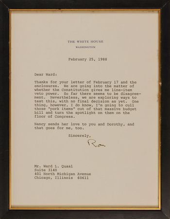 Lot #105 Ronald Reagan: ?I?m going to cull those ?pork items? out of the massive budget bill and turn the spotlight on them on the floor of Congress? - Image 1