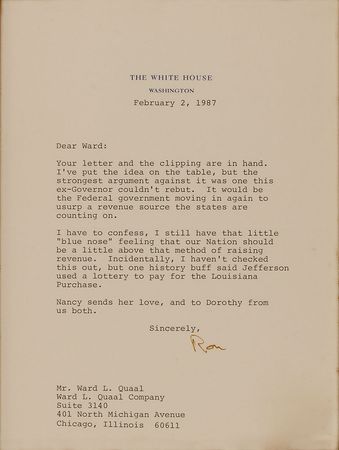 Lot #108 Ronald Reagan: Though opposing a national lottery, the “blue nose” president finds justification in the founding fathers: “Jefferson used a lottery to pay for the Louisiana Purchase” - Image 2