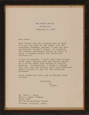 Lot #108 Ronald Reagan: Though opposing a national lottery, the “blue nose” president finds justification in the founding fathers: “Jefferson used a lottery to pay for the Louisiana Purchase” - Image 1