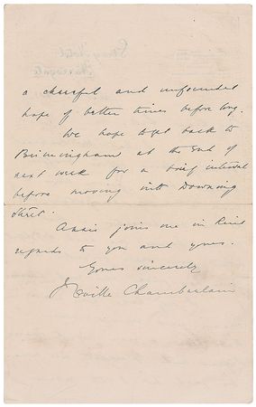 Lot #223 Neville Chamberlain: Chamberlain on his quick rise to power: “I hate this continual shifting from office to office without being given time to leave a mark anywhere” - Image 1
