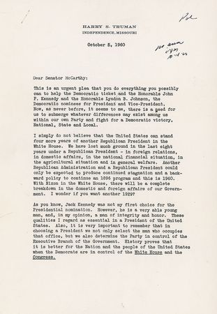 Lot #133 Harry S. Truman: Shortly before the 1960 election Truman presses a congressman for his support: “As you know, Jack Kennedy was not my first choice for the Presidential nomination. However, he is a very able young man” - Image 3