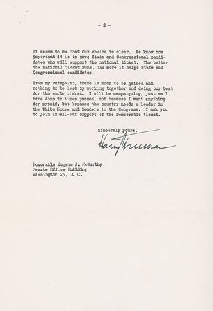 Lot #133 Harry S. Truman: Shortly before the 1960 election Truman presses a congressman for his support: “As you know, Jack Kennedy was not my first choice for the Presidential nomination. However, he is a very able young man” - Image 1