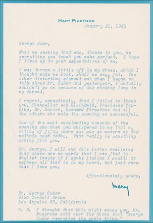 Lot #1113 Mary Pickford: ?Mr. Musgrove said over the phone that ?George Cukor? ramrodded the whole thing? - Image 2