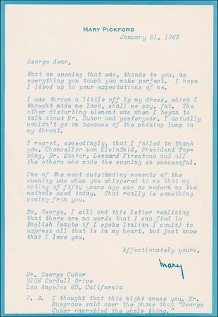 Lot #1113 Mary Pickford: ?Mr. Musgrove said over the phone that ?George Cukor? ramrodded the whole thing? - Image 1