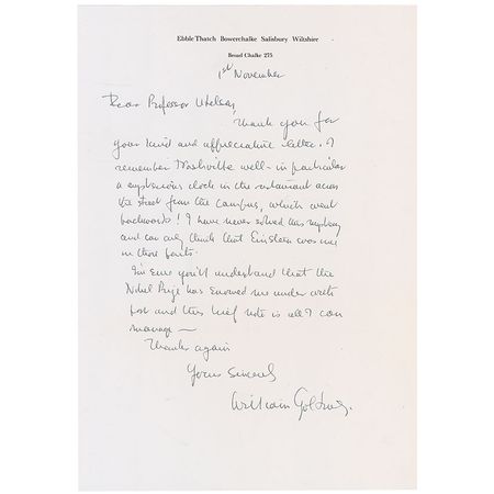 Lot #590 William Golding: “I remember Nashville well—in particular a mysterious clock in the restaurant across the street from the campus, which went backwards!” - Image 2