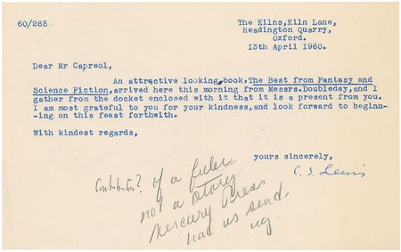 Lot #623 C. S. Lewis: The creator of Narnia receives a Fantasy and Science Fiction anthology - Image 1