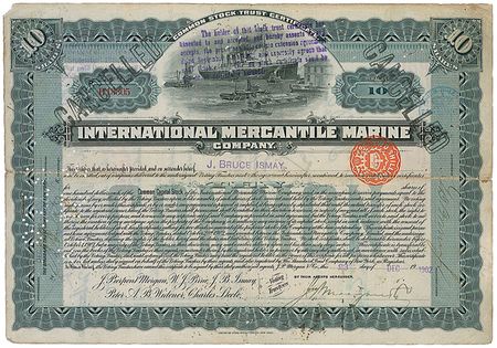Lot #289 Titanic: Bruce Ismay: Ismay stock certificate for the International Mercantile Marine Company - Image 1