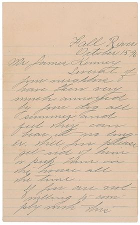 Lot #162 Lizzie Borden: Incredibly scarce handwritten complaint from the alleged axe murderer to her next-door neighbor, warning that 