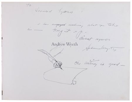 Lot #712 Andrew Wyeth: Wyeth highlights his book with an original sketch of a hand and quill, the first we have ever seen - Image 1