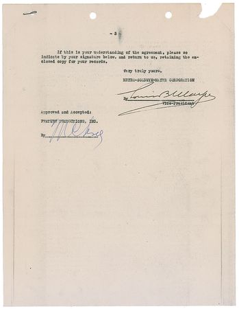 Lot #1355 Louis B. Mayer Signed Document - Image 2