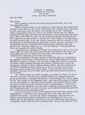 Lot #366 Frederick Ashworth: ?I was directly involved with the Los Alamos technical group on the island to prepare the bombs. I did exchange the ?Green? plugs for the ?Red? plugs on the Nagasaki bomb? - Image 1