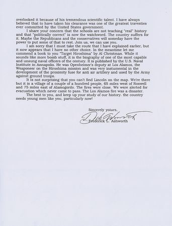Lot #366 Frederick Ashworth: ?I was directly involved with the Los Alamos technical group on the island to prepare the bombs. I did exchange the ?Green? plugs for the ?Red? plugs on the Nagasaki bomb? - Image 2