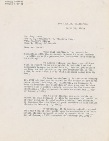 Lot #1080 Cary Grant: Contract from Hitchock?s Suspicion - Image 1