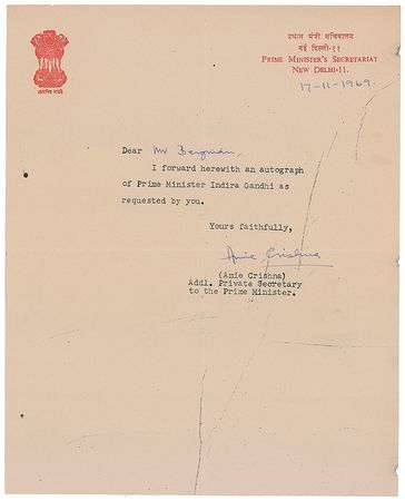 Lot #326 Indira Gandhi Signature - Image 3