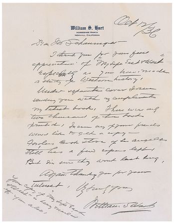 Lot #1332 William S. Hart Handwritten Letter Signed - Image 1