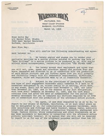 Lot #1312 Doris Day: Her contract for the classic musical film, The Pajama Game - Image 1