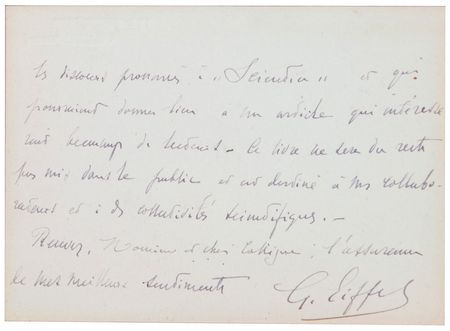 Lot #584 Gustave Eiffel: “I am sending you a large monograph of the Tower, that Mr. Muscart has presented recently to the Academy of Sciences” - Image 2