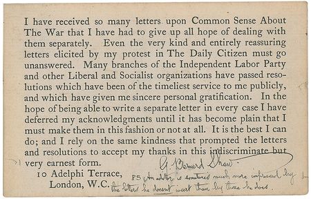 Lot #675 George Bernard Shaw: Overwhelmed by critics and admirers alike, the Nobel laureate responds - Image 1