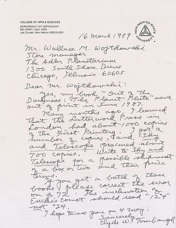 Lot #506 Clyde W. Tombaugh Handwritten Letter Signed - Image 1