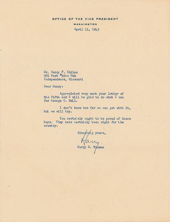 Lot #111 Harry S. Truman: Truman signs a letter on his last full day as vice president - Image 1