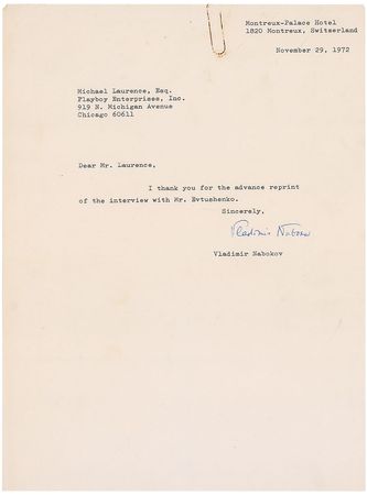 Lot #639 Vladimir Nabokov: The Lolita author thanks Playboy for an advance copy of a Yevtushenko interview mentioning him - Image 1