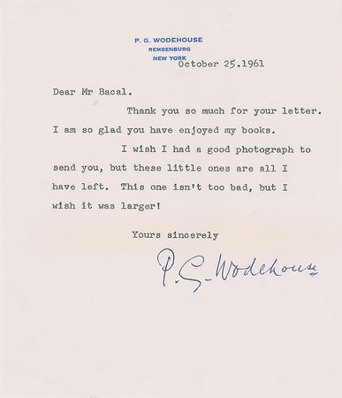 Lot #706 P. G. Wodehouse Typed Letter Signed and Signed Photograph - Image 1