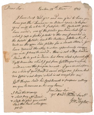 Lot #1584 Declaration of Independence: George Taylor: One of only two known letters by the rare Pennsylvania Signer to come to auction - Image 1