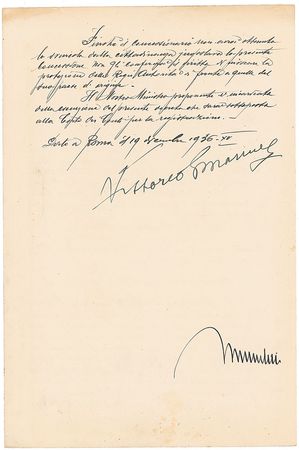 Lot #319 Benito Mussolini and Vittorio Emanuele III Signed Document - Image 1