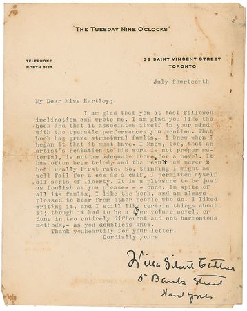Lot #608 Willa Cather: Critiquing her own Song of the Lark - Image 1