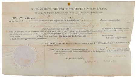 Lot #70 James Madison and James Monroe: Kentucky land grant issued only months before the War of 1812 - Image 1