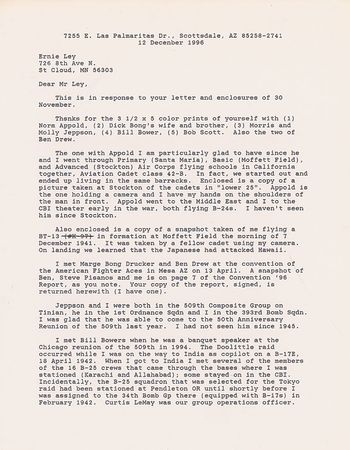 Lot #414 Fred Bock: ?The 509th flew practice missions in which we dropped conventional 500-lb and 1000-lb HE bombs on bypassed Japanese-held islands? - Image 1
