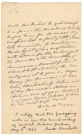 Lot #49 Andrew Jackson: President Jackson searches to locate a confidential report ?on the subject of his negotiation with Spain for the delivery of the Trovedas & the boundary of Louisiana? - Image 1