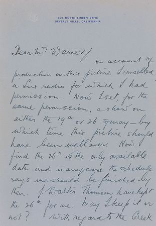 Lot #1083 Errol Flynn: Lashing out at the studio head: ?The North of Ireland, having been well bombed, has not so far received one penny from any British war relief? - Image 1