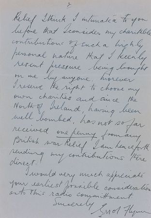 Lot #1083 Errol Flynn: Lashing out at the studio head: ?The North of Ireland, having been well bombed, has not so far received one penny from any British war relief? - Image 2