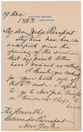Lot #5 Chester A. Arthur Handwritten Letter Signed