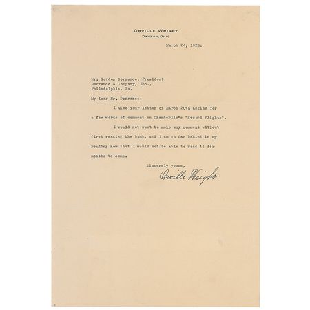 Lot #1614 Orville Wright: Wright declines comment on the accomplishments of the second flyer to solo the Atlantic - Image 1