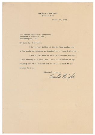 Lot #1614 Orville Wright: Wright declines comment on the accomplishments of the second flyer to solo the Atlantic - Image 2
