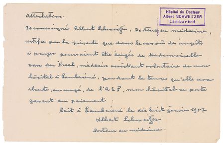 Lot #1592 Albert Schweitzer: Schweitzer vouches for a medical assistant at his hospital in French Equatorial Africa - Image 1