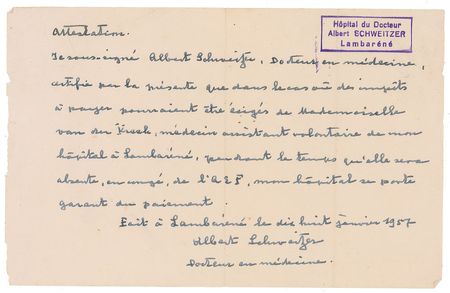 Lot #1592 Albert Schweitzer: Schweitzer vouches for a medical assistant at his hospital in French Equatorial Africa - Image 2