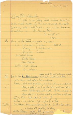 Lot #81 Jacqueline Kennedy: Meticulous letter to her decorator, including three original sketches, as she readies the couple’s Georgetown townhouse: “This closet is next to fireplace. It is for Mr. Kennedy, he cannot bend down to reach his shoes” - Image 1