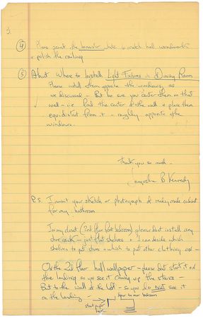 Lot #81 Jacqueline Kennedy: Meticulous letter to her decorator, including three original sketches, as she readies the couple’s Georgetown townhouse: “This closet is next to fireplace. It is for Mr. Kennedy, he cannot bend down to reach his shoes” - Image 3