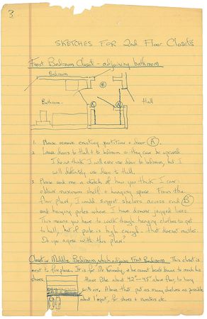 Lot #81 Jacqueline Kennedy: Meticulous letter to her decorator, including three original sketches, as she readies the couple’s Georgetown townhouse: “This closet is next to fireplace. It is for Mr. Kennedy, he cannot bend down to reach his shoes” - Image 4